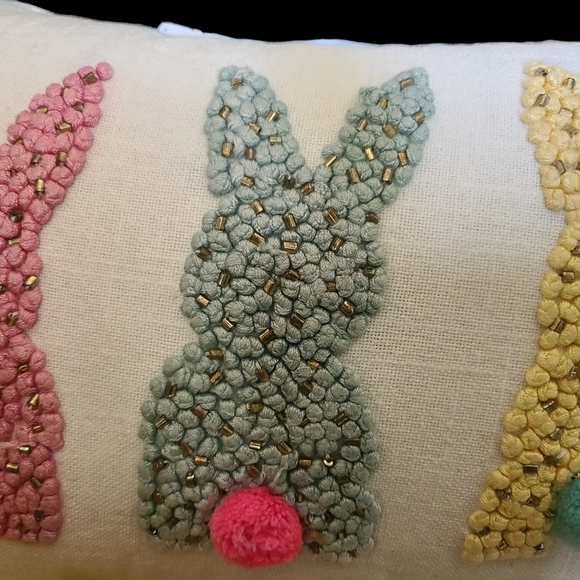 Sparkly Beaded Embroidered Easter Bunny Reversible Check 14" Throw Pillow Decor - Picture 4 of 8